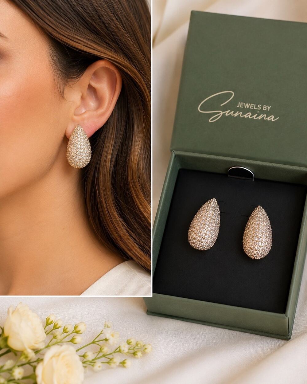 Jewels by Sunaina Gold Pavé Teardrop Statement Stud Earrings